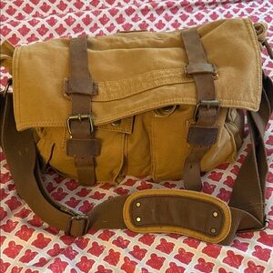 Casual Tan Canvas Messenger Bag with Leather Accents